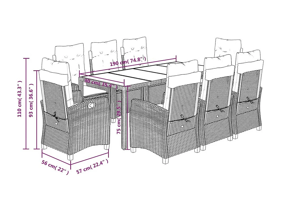 Ensemble à manger de jardin 9pcs coussins noir résine tressée