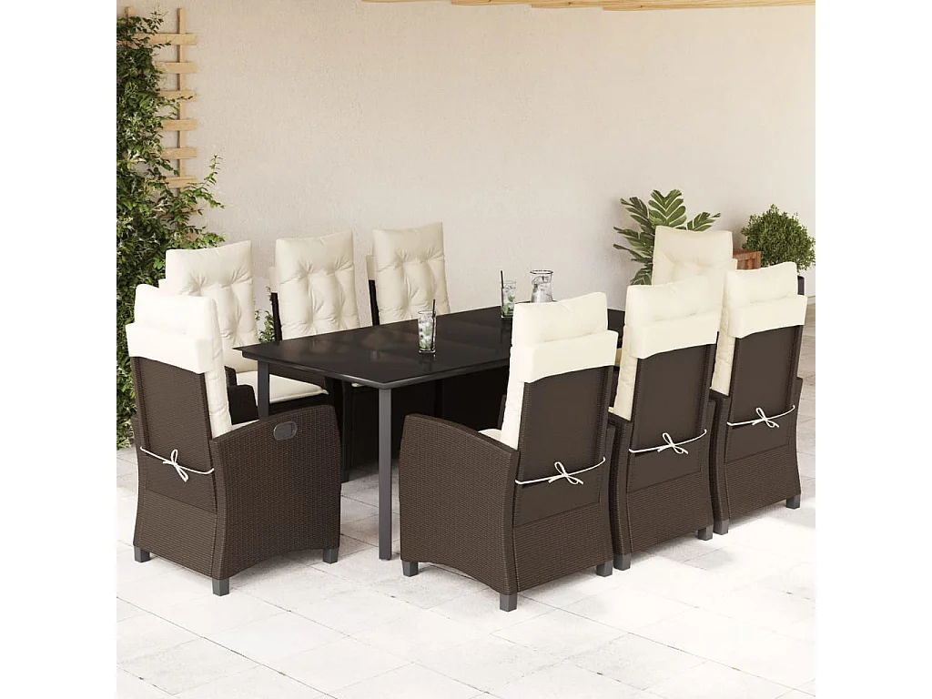 Ensemble à manger de jardin et coussins 9 pcs marron poly rotin