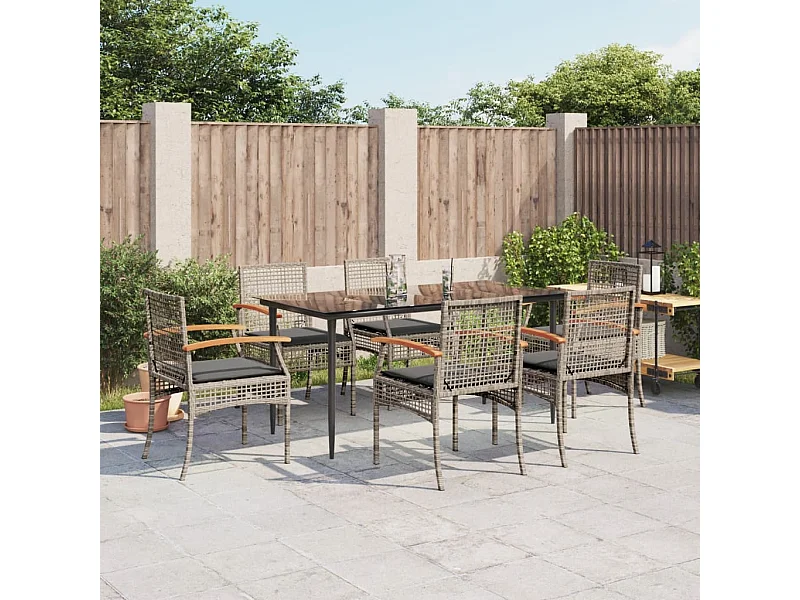 Ensemble à manger de jardin et coussins 7 pcs gris rotin