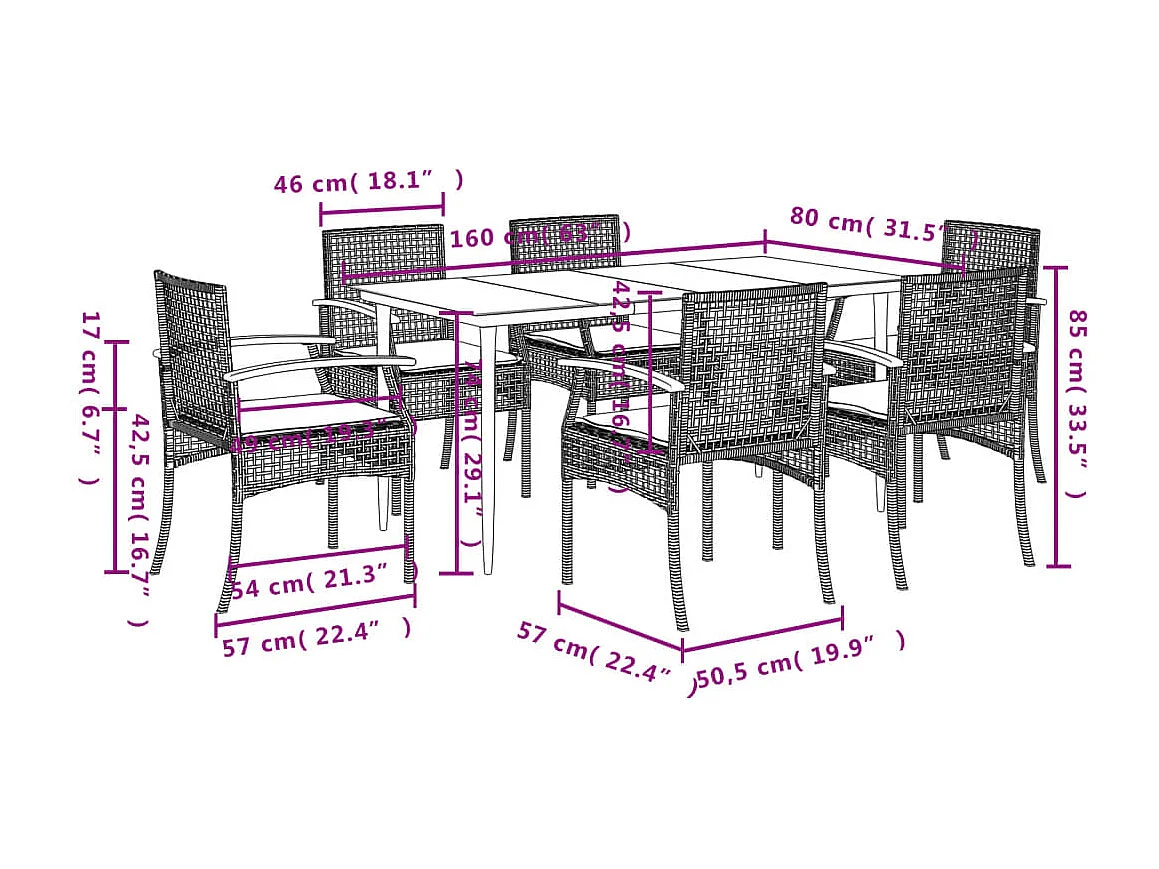 Ensemble à manger de jardin et coussins 7 pcs gris rotin
