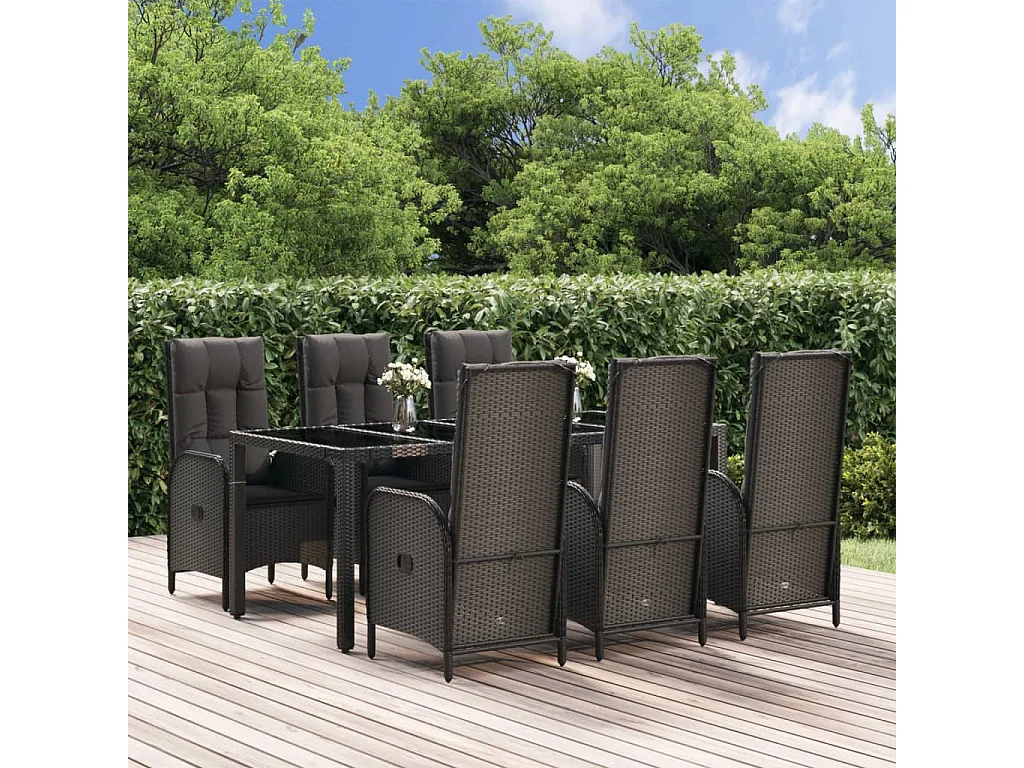 Ensemble à manger jardin et coussins 7 pcs Noir et gris Rotin
