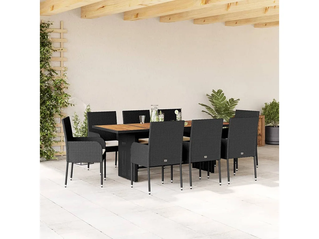Ensemble à manger de jardin 9pcs coussins noir résine tressée