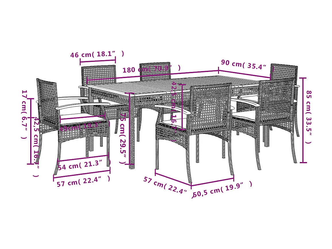 Ensemble à manger de jardin et coussins 7 pcs gris rotin