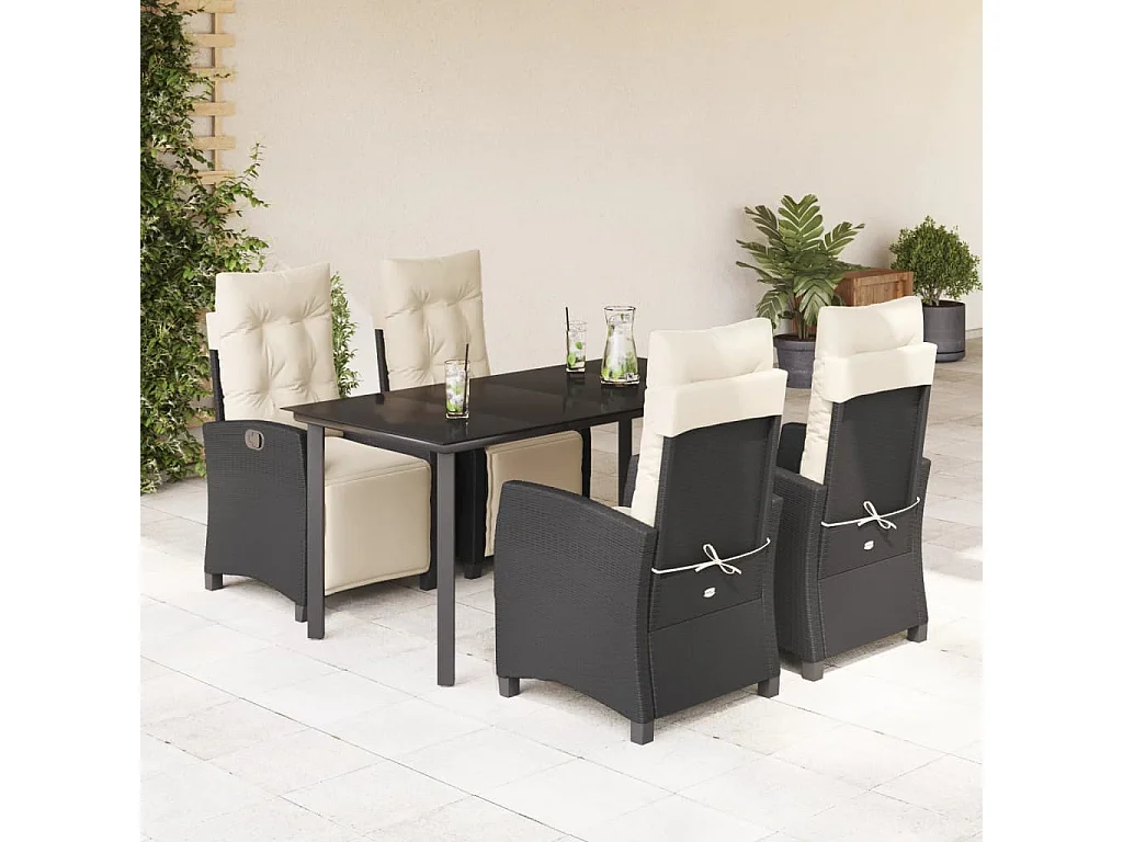 Ensemble à manger de jardin coussins 5pcs Noir Résine tressée