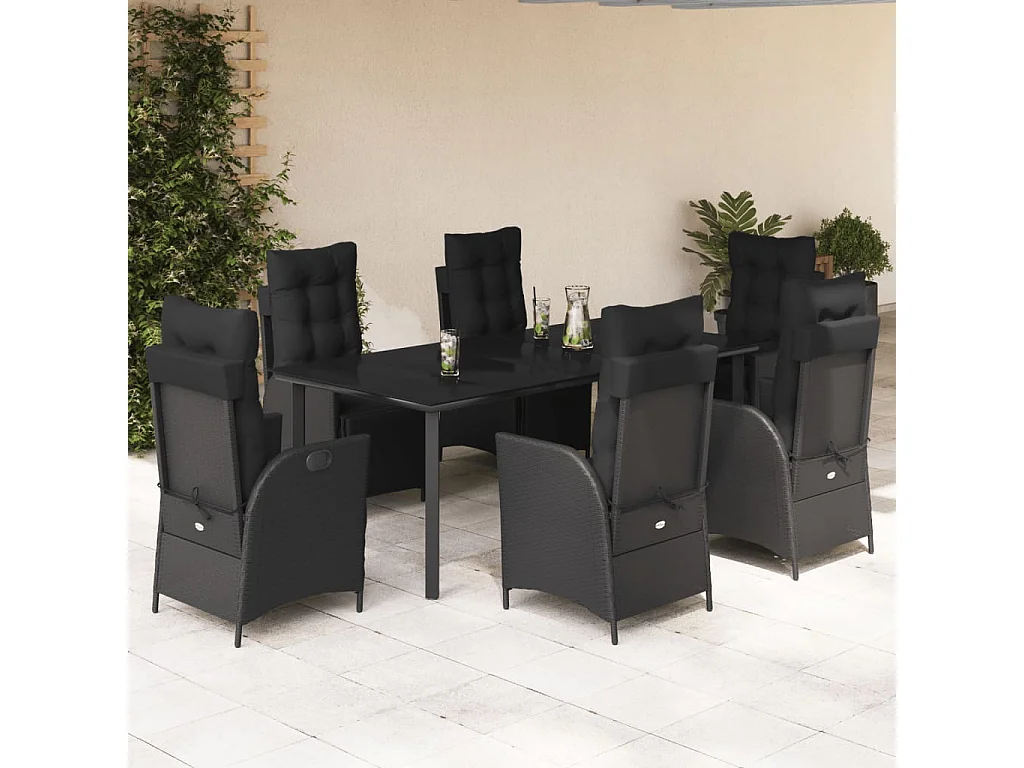 Ensemble à manger de jardin coussins 7pcs Noir Résine tressée