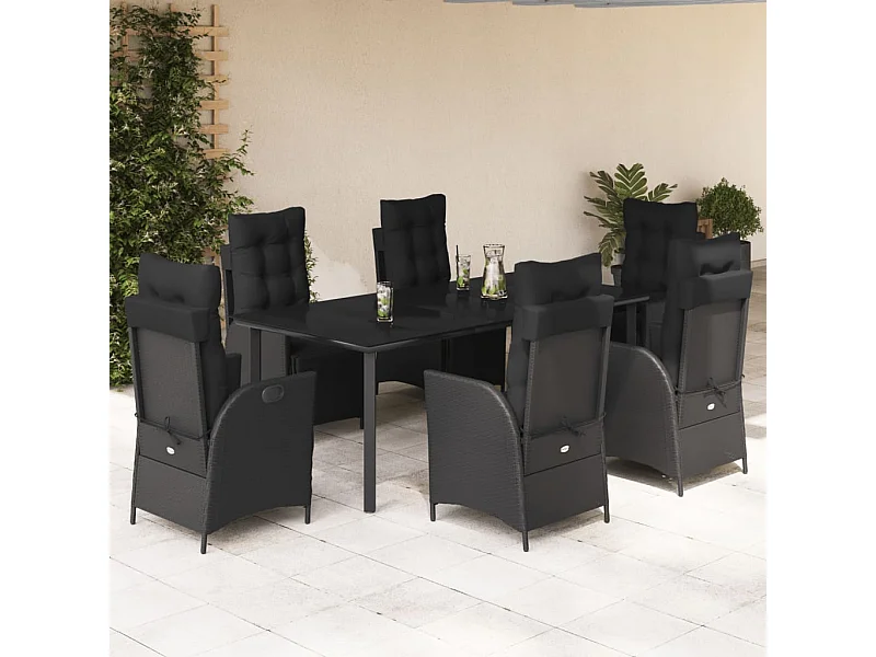 Ensemble à manger de jardin coussins 7pcs Noir Résine tressée