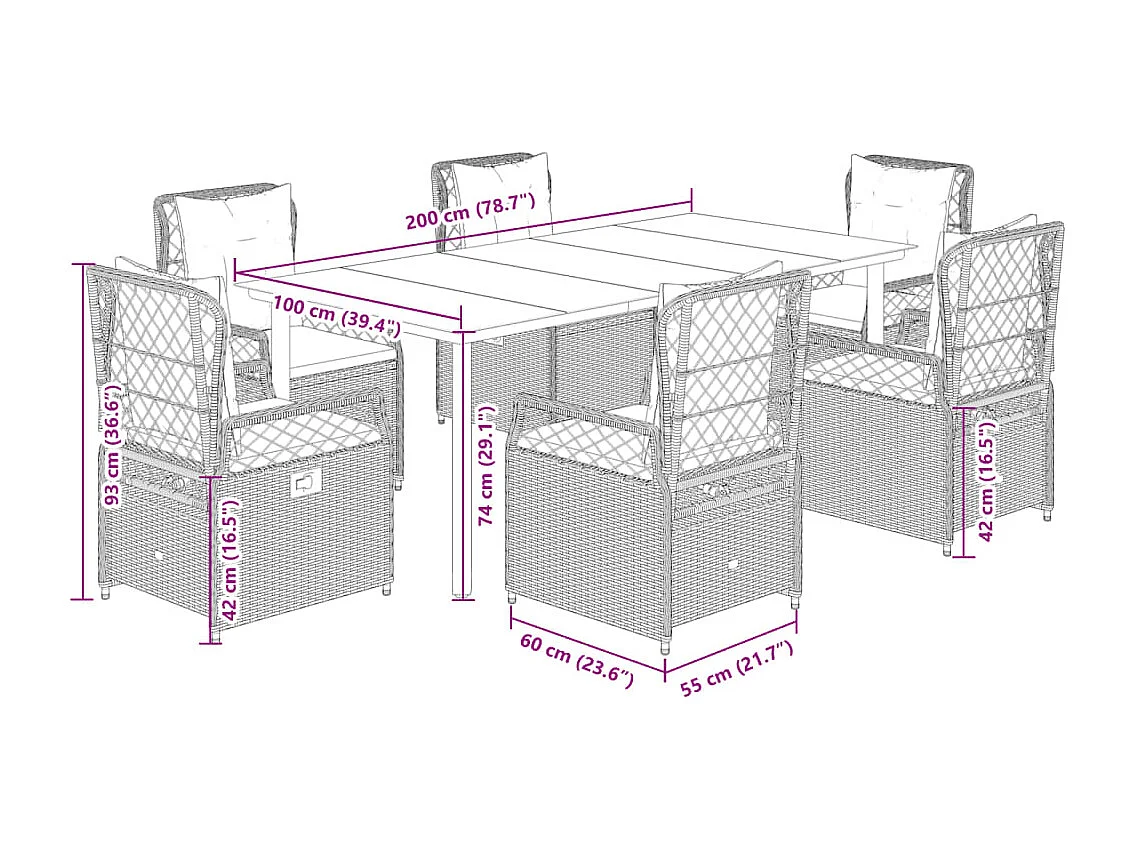 Ensemble à manger de jardin et coussins 7 pcs gris clair rotin