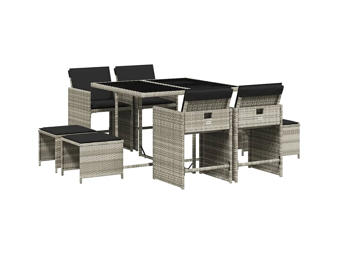 Ensemble à manger de jardin et coussins 9 pcs gris clair rotin