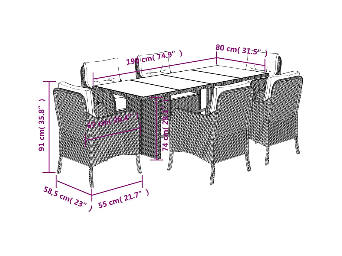 Ensemble à manger de jardin et coussins 7 pcs marron rotin