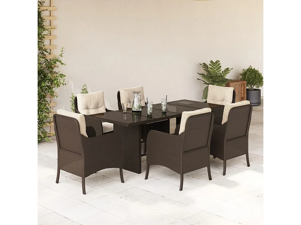 Ensemble à manger de jardin et coussins 7 pcs marron rotin