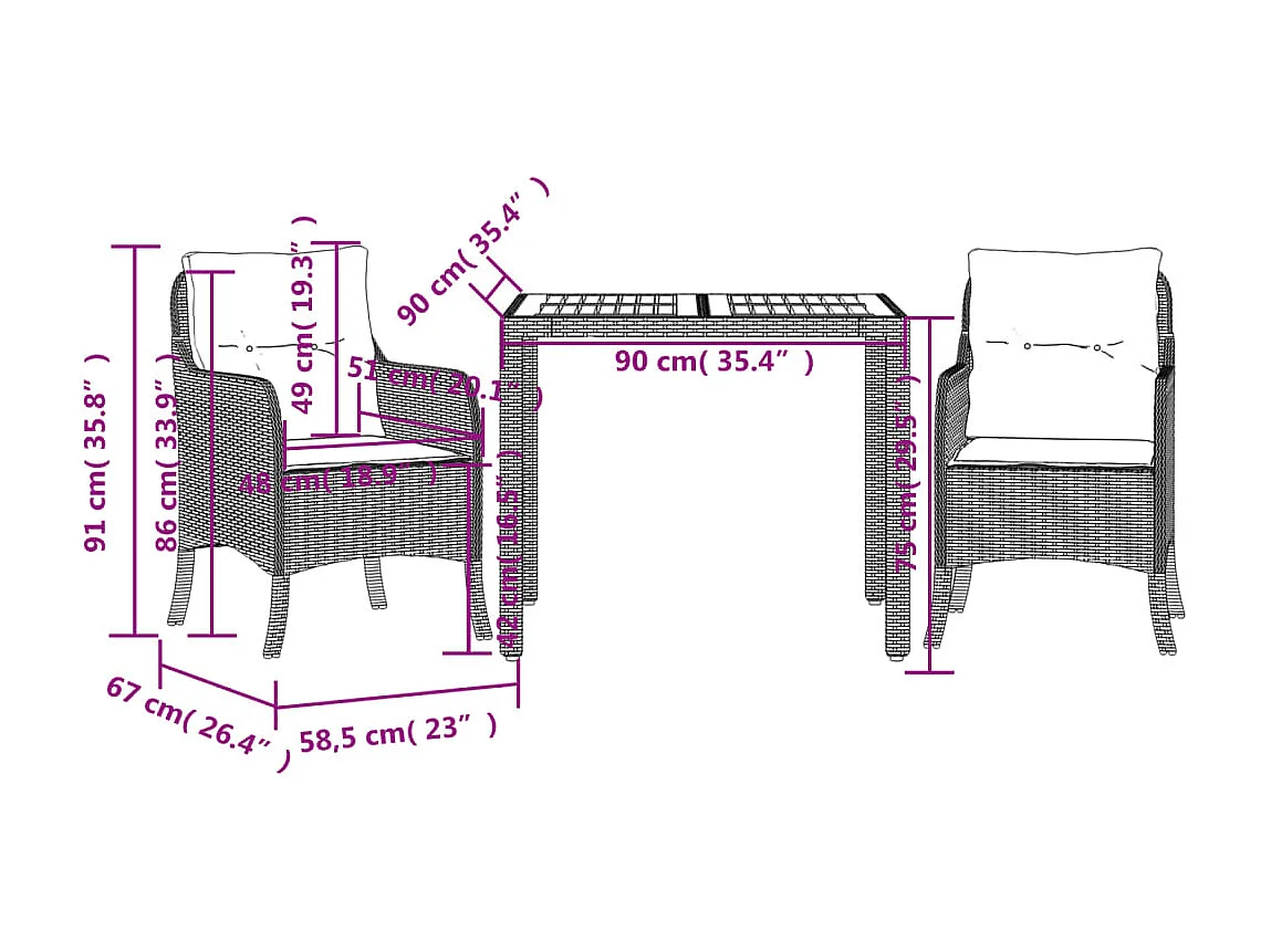 Ensemble à manger de jardin avec coussins 3 pcs Noir