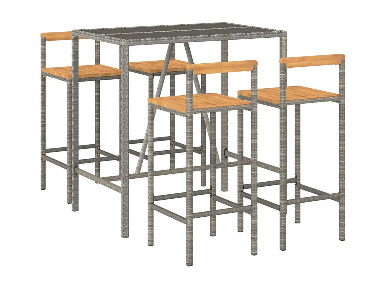 Ensemble de bar jardin 5 pcs gris poly rotin-bois massif acacia