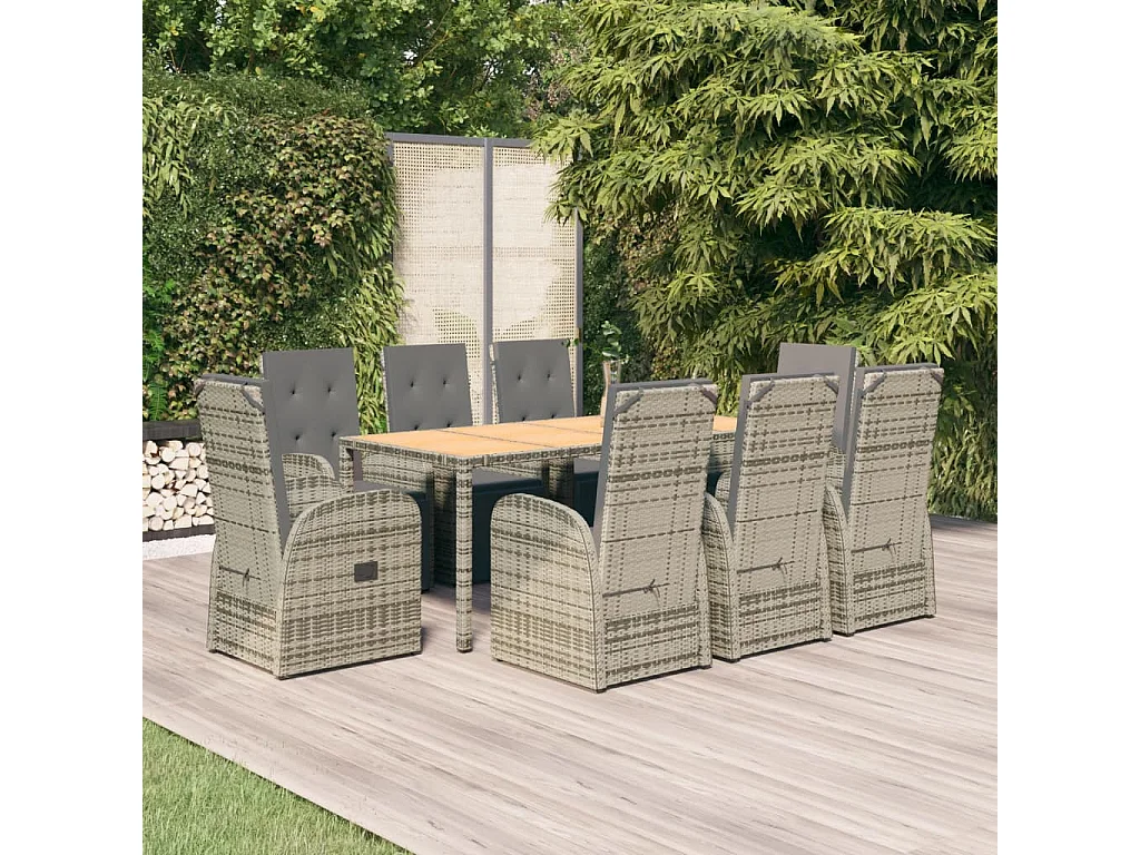 Ensemble à manger de jardin 9 pcs coussins gris résine tressée
