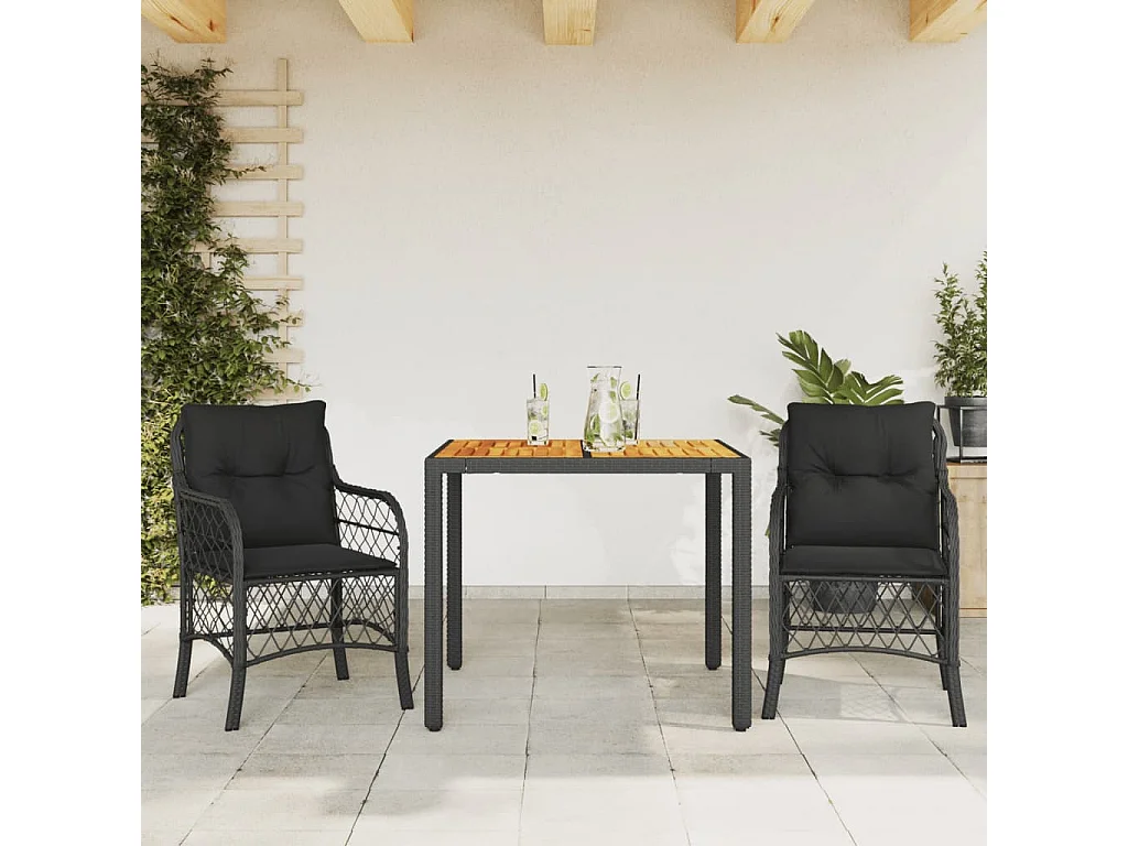 Ensemble de bistro 3 pcs avec coussins noir résine tressée