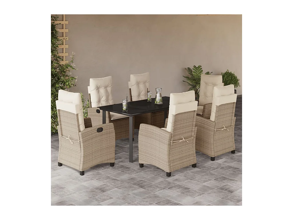 Ensemble à manger de jardin et coussins 7 pcs beige poly rotin