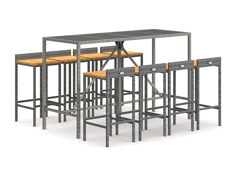 Ensemble de bar jardin 9 pcs gris poly rotin-bois massif acacia
