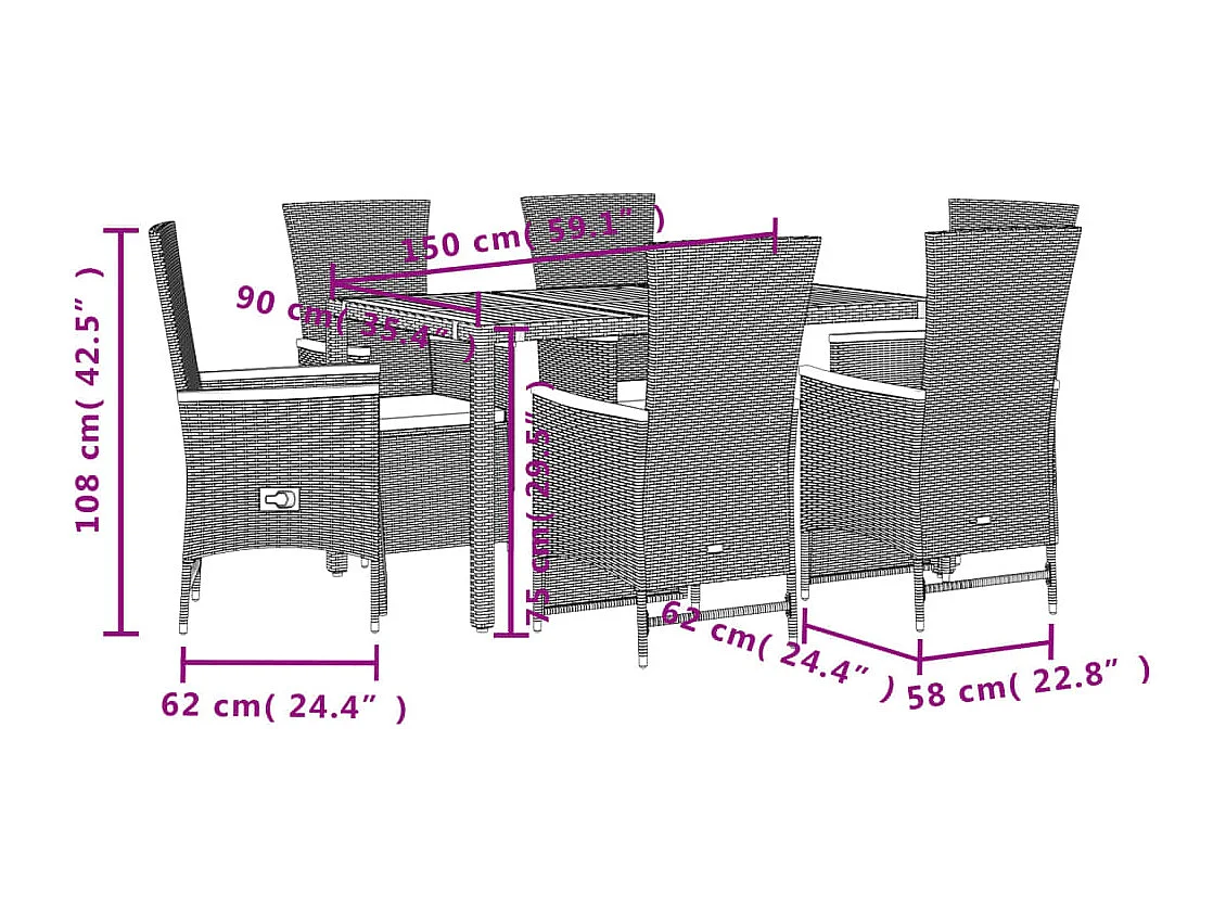 Ensemble à manger de jardin coussins 7pcs Noir Résine tressée