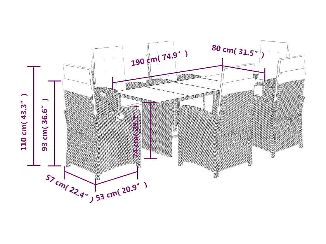 Ensemble à manger de jardin et coussins 7 pcs marron rotin