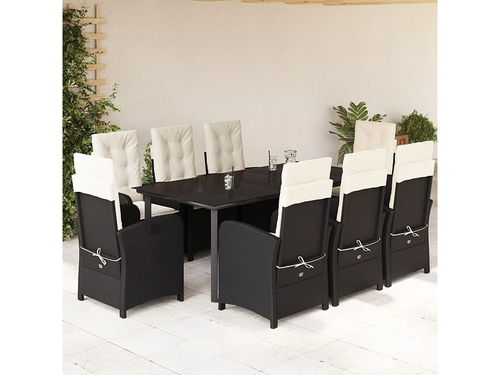 Ensemble à manger de jardin 9pcs coussins noir résine tressée