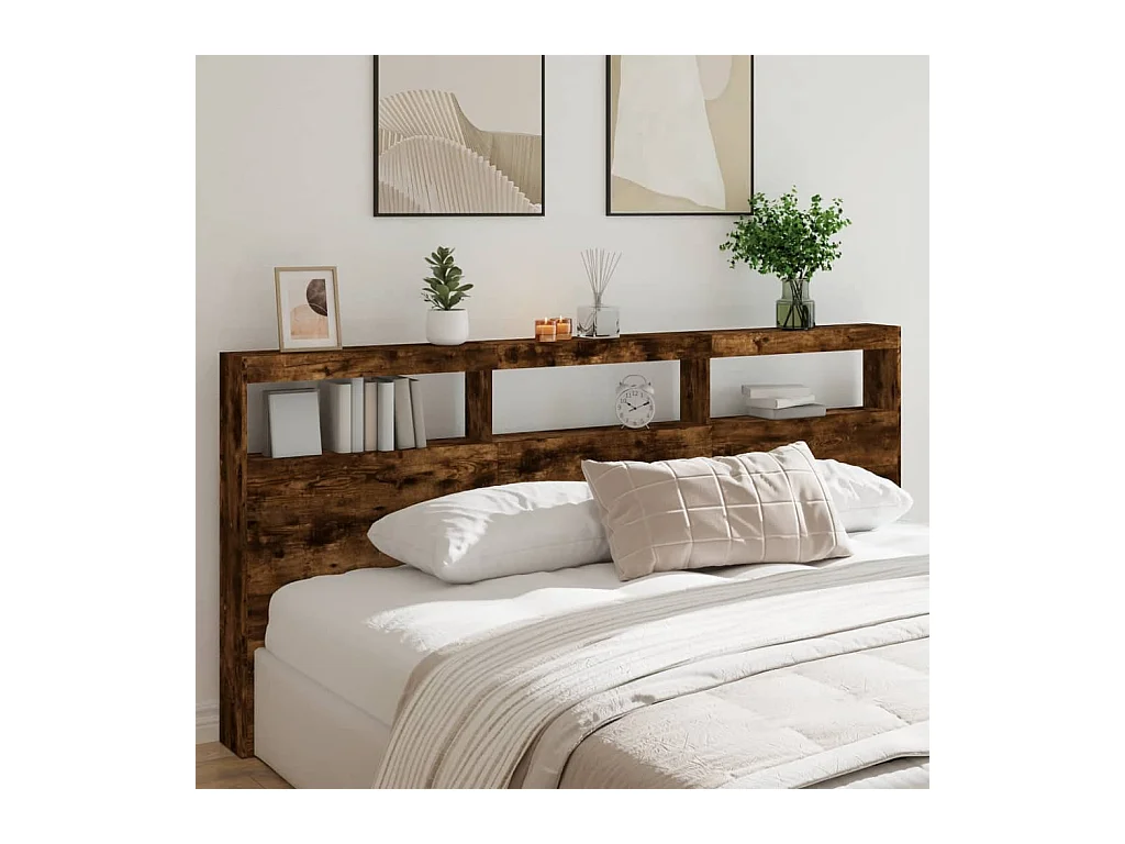 Armoire tête de lit avec LED chêne fumé 220x17x102
