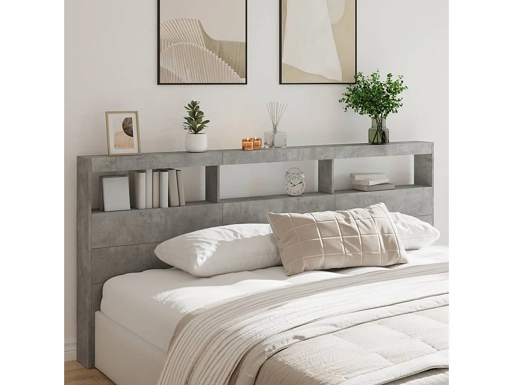 Armoire tête de lit avec LED gris béton 220x17x102