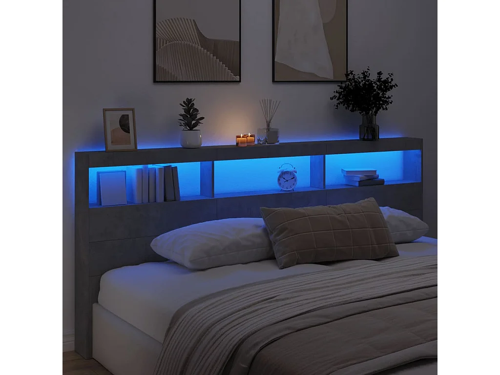 Armoire tête de lit avec LED gris béton 220x17x102
