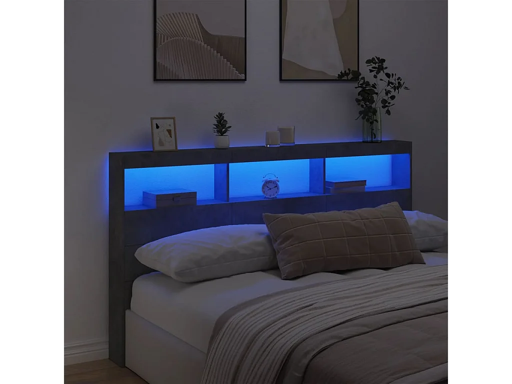 Armoire tête de lit avec LED gris béton 180x17x102