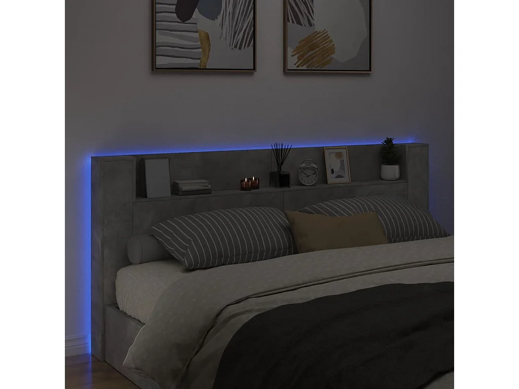 Armoire tête de lit avec LED gris béton 220x16,5x103,5