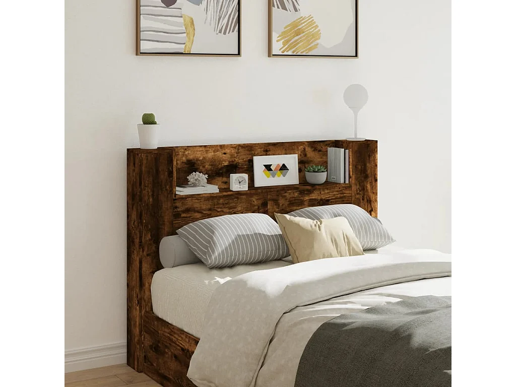 Armoire tête de lit avec LED chêne fumé 140x16,5x103,5