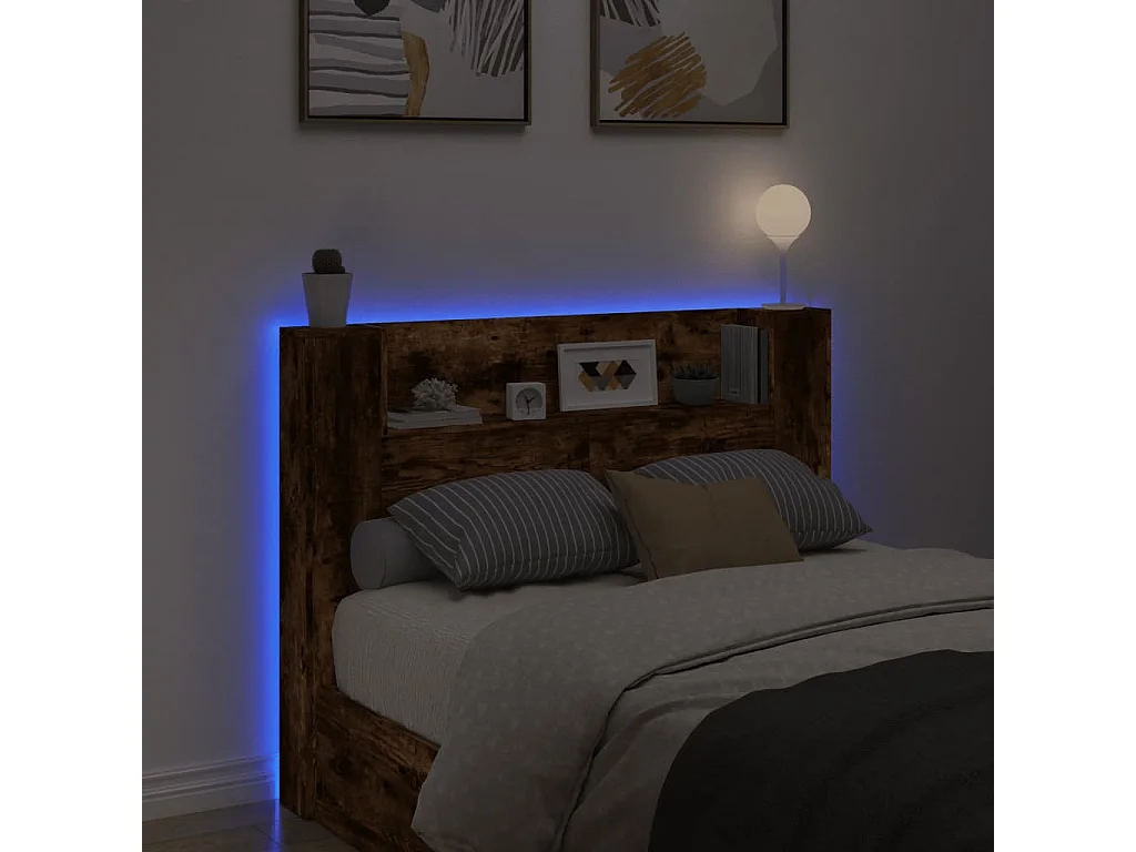 Armoire tête de lit avec LED chêne fumé 140x16,5x103,5