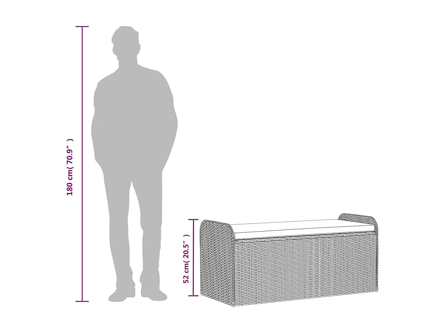 Banc de rangement avec coussin noir 115x51x52 résine tressée