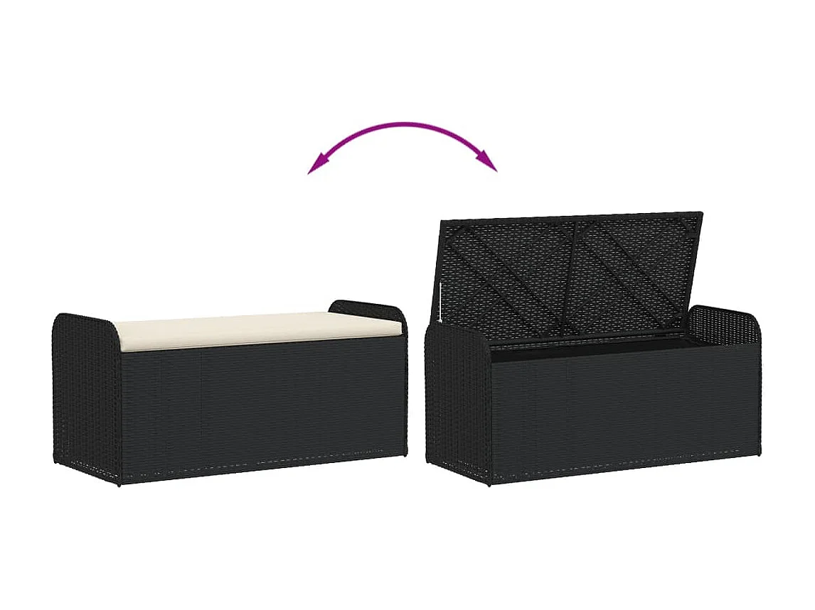 Banc de rangement avec coussin noir 115x51x52 résine tressée