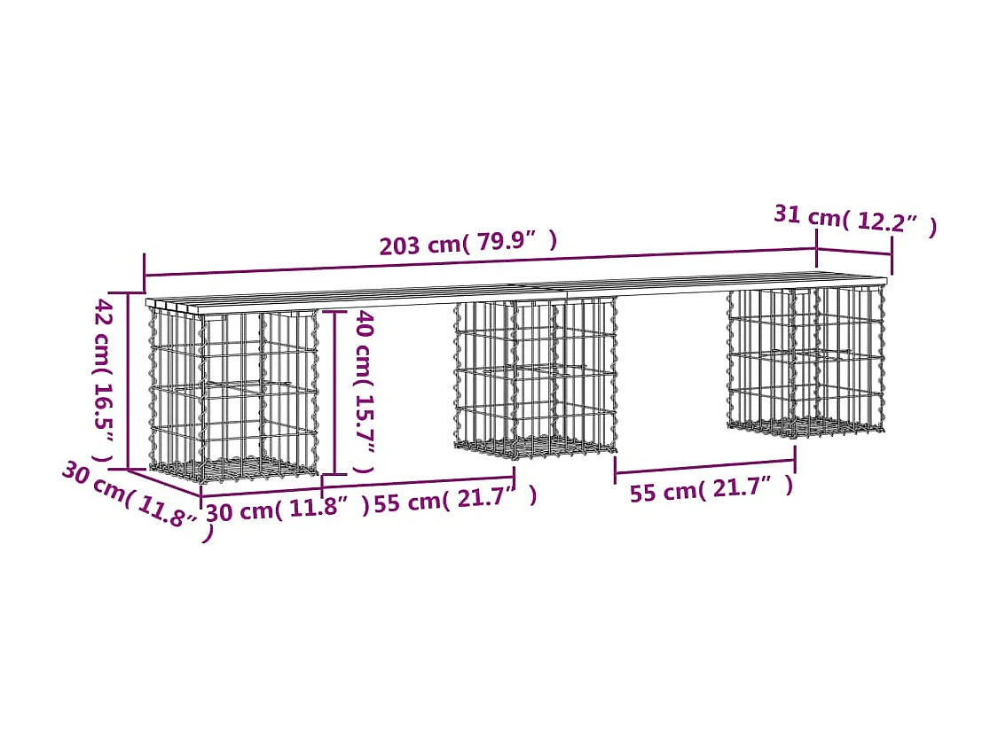 Banc de jardin design de gabion 203x31x42 bois massif de pin