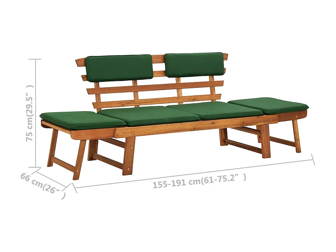 Banc de jardin avec coussins 2-en-1 190cm Bois solide d'acacia