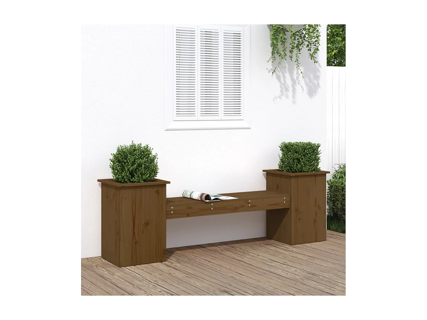 Banc avec jardinières marron miel bois massif de pin