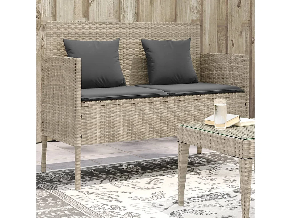 Banc de jardin avec coussins gris clair résine tressée