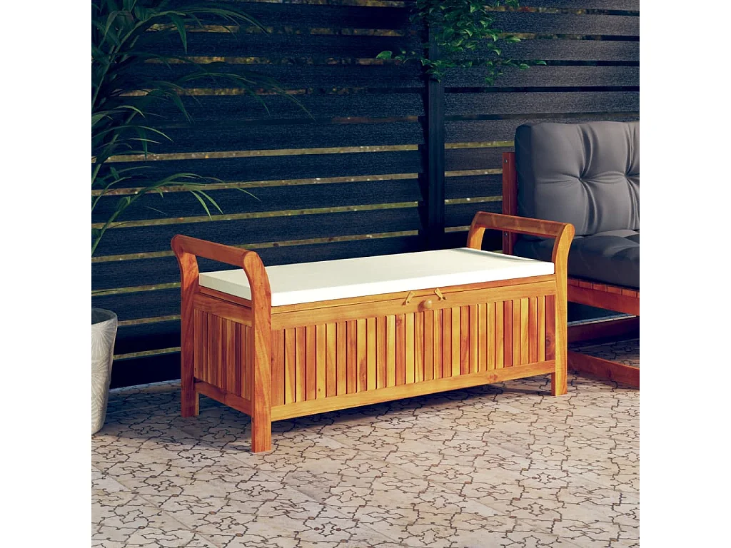 vidaXL Banco almacenaje jardín con cojín madera maciza de acacia 126cm Marrón