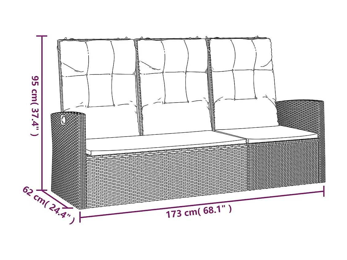Banc de jardin inclinable et coussins noir 173cm résine tressée