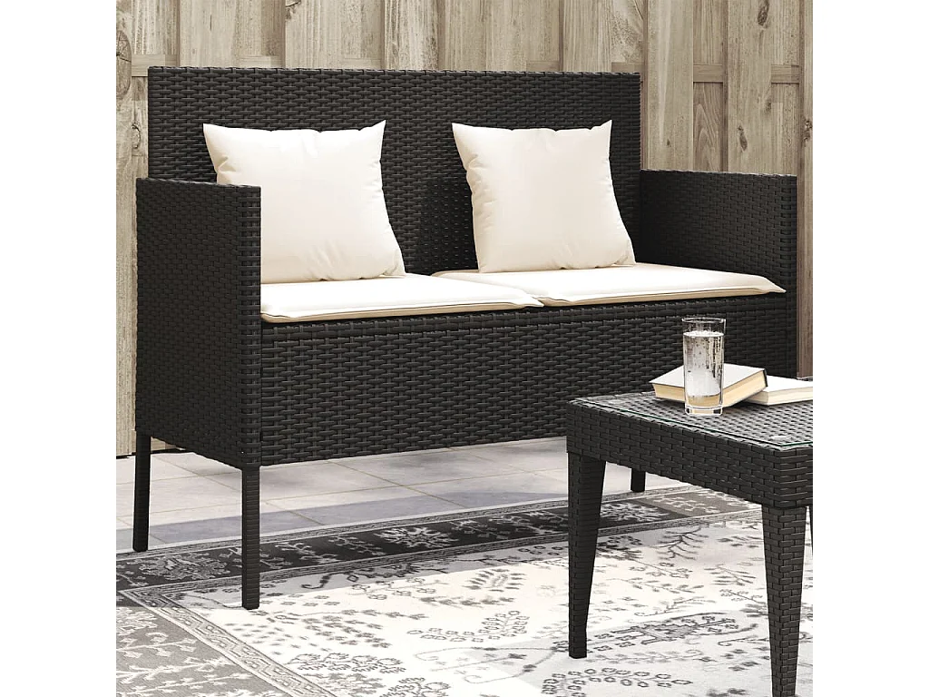 Banc de jardin avec coussins noir résine tressée