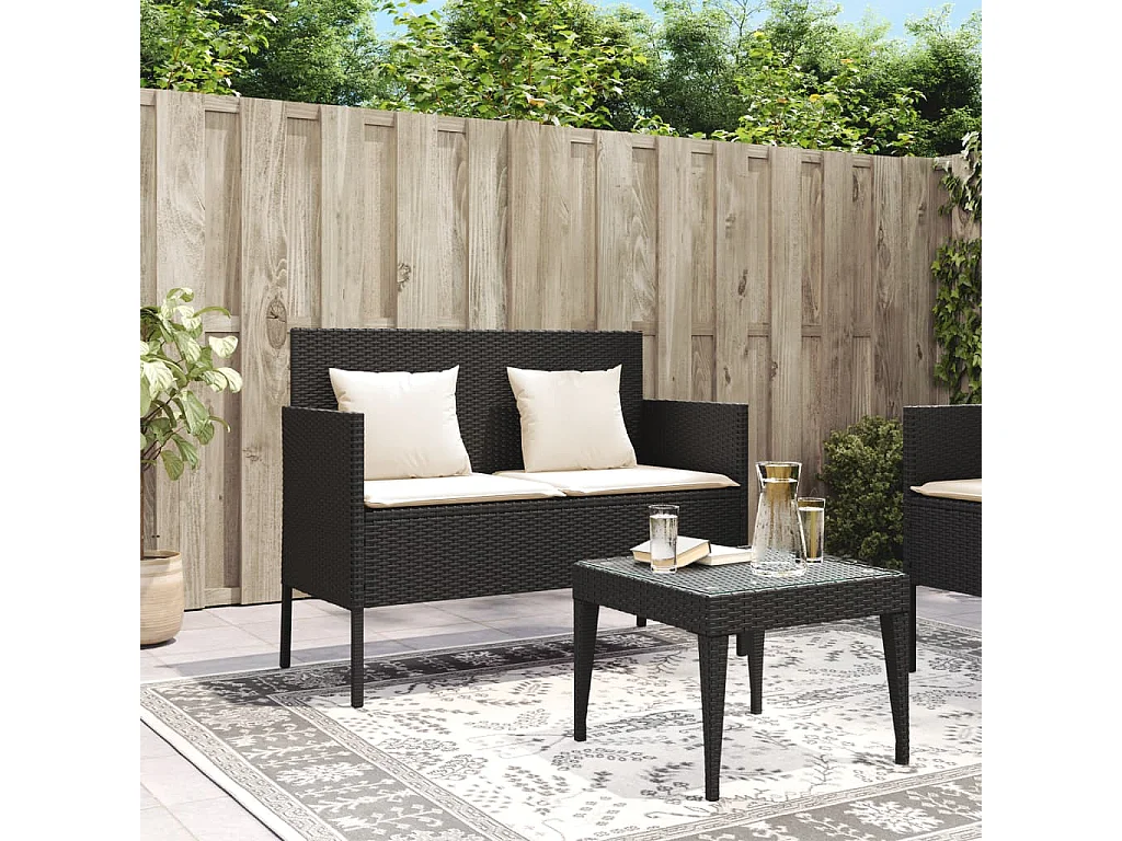 Banc de jardin avec coussins noir résine tressée