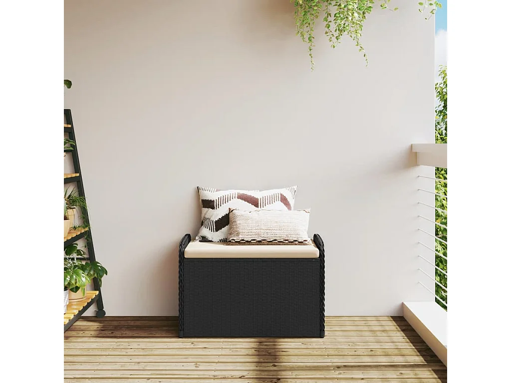 Banc de rangement avec coussin noir 80x51x52 résine tressée