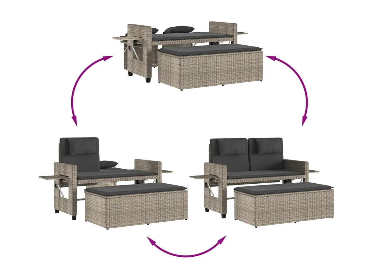 Banc inclinable de jardin et coussins gris clair résine tressée