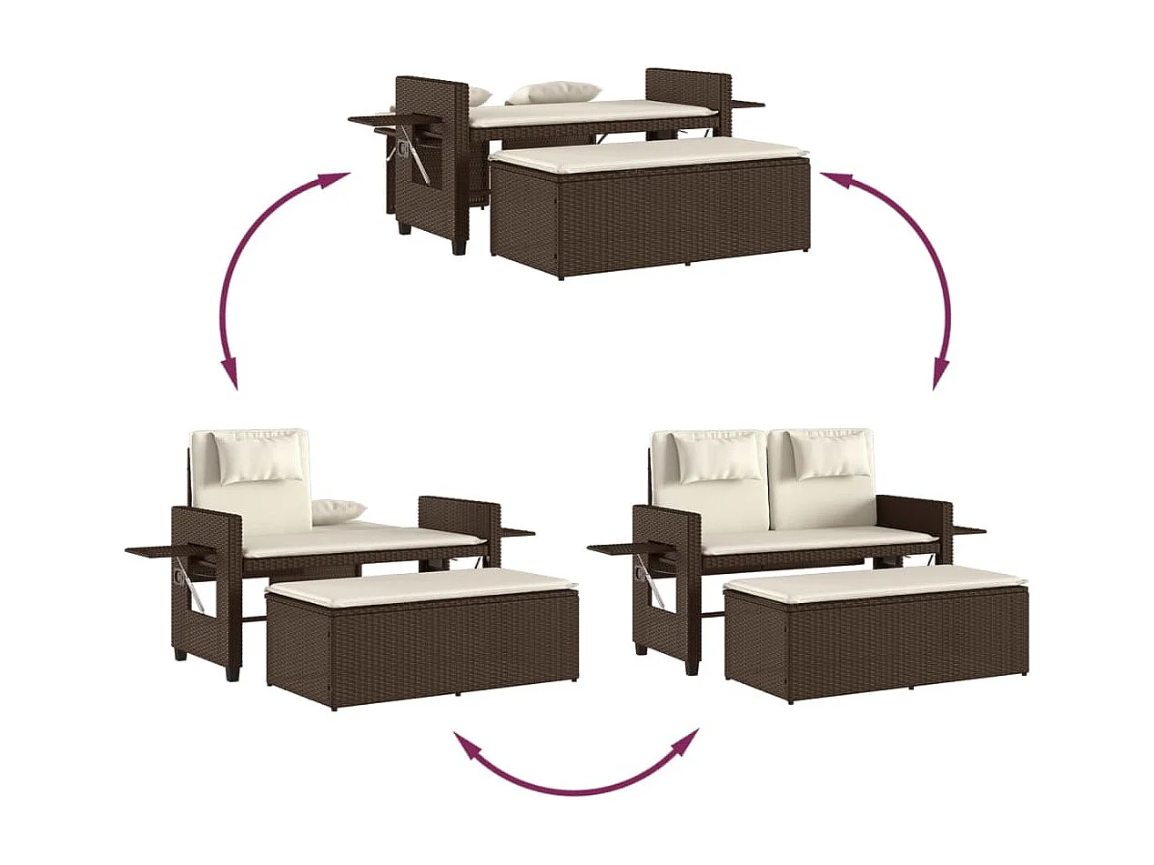 Banc inclinable de jardin avec coussins marron résine tressée