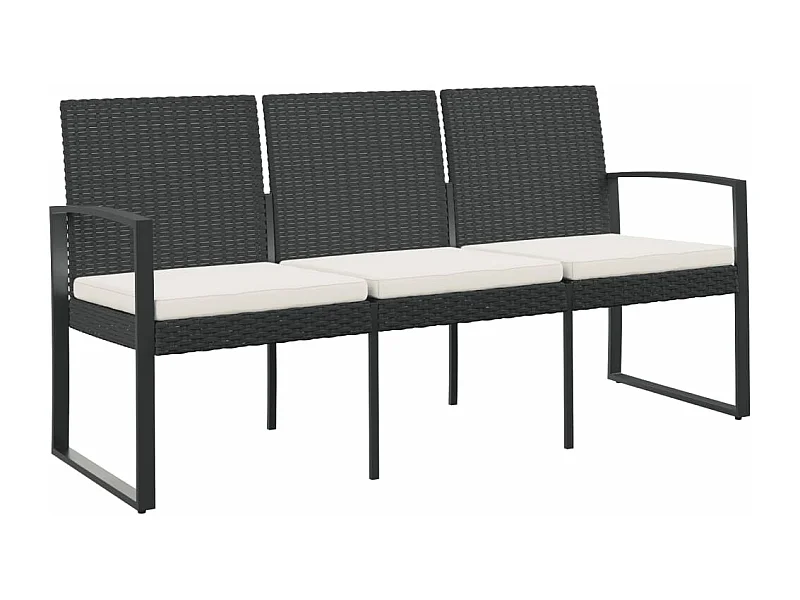 Banc de jardin à 3 places avec coussins noir rotin PP
