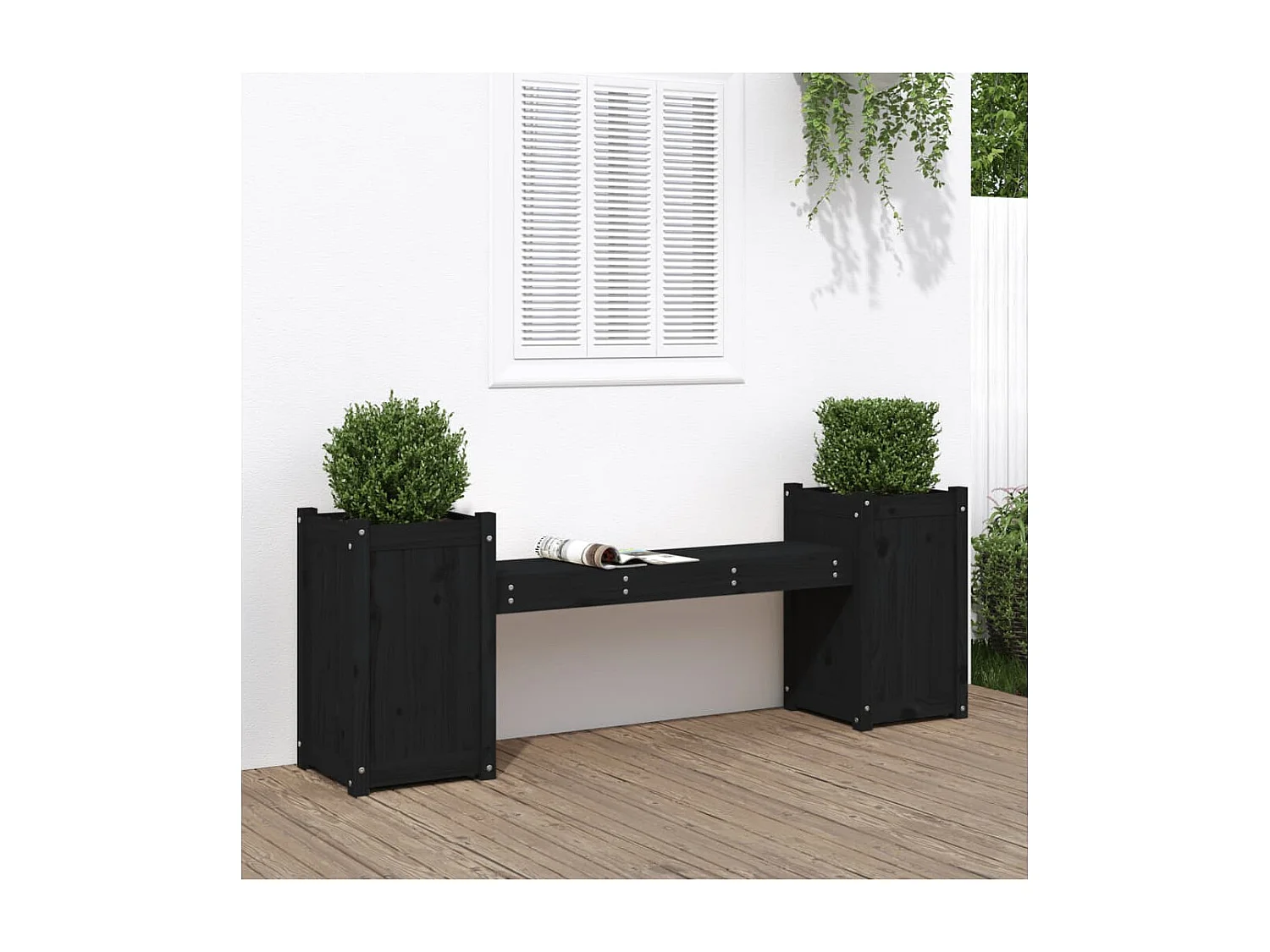 Banc avec jardinières noir 180x36x63 bois massif de pin