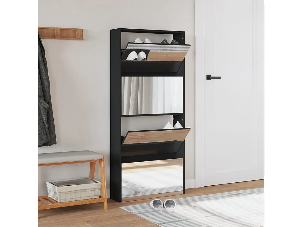 Armoire à chaussures avec miroir à 4 niveaux noir 63x17x134