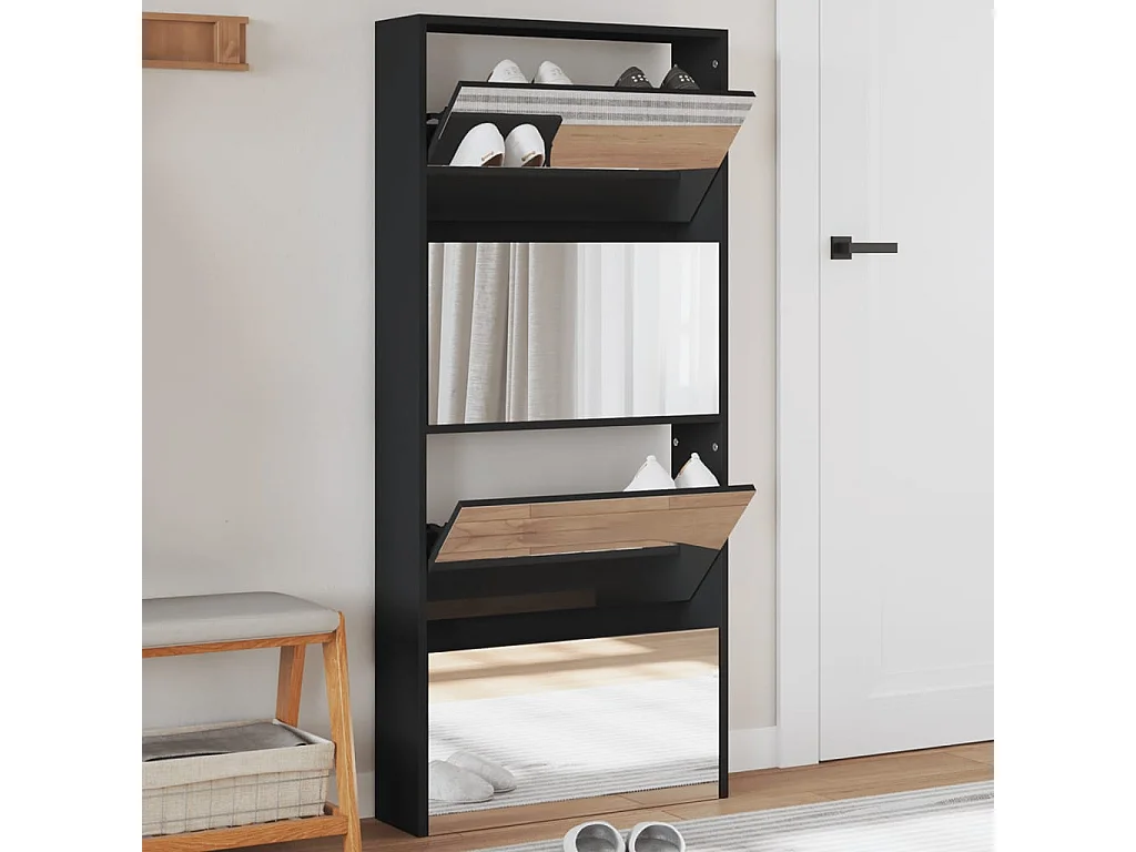 Armoire à chaussures avec miroir à 4 niveaux noir 63x17x134