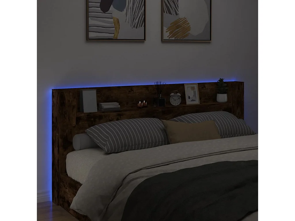 Armoire tête de lit avec LED chêne fumé 220x16,5x103,5