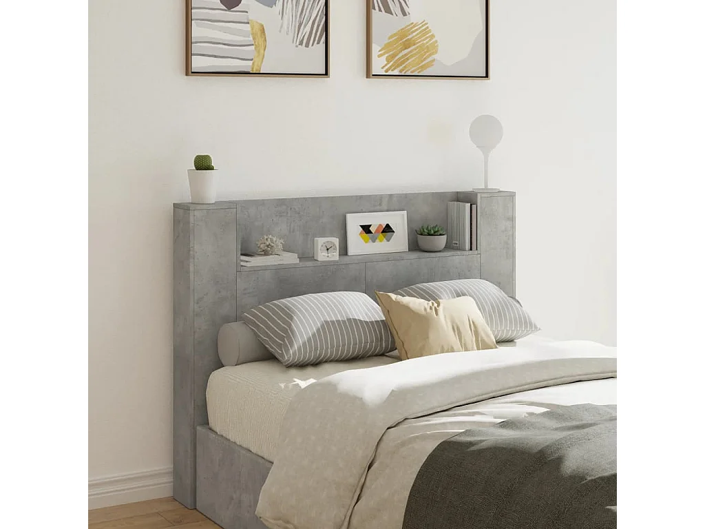 Armoire tête de lit avec LED gris béton 140x16,5x103,5