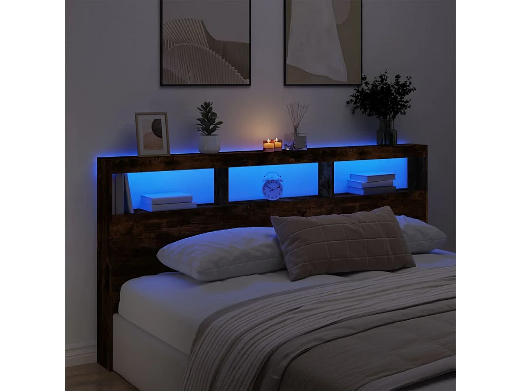 Armoire tête de lit avec LED chêne fumé 200x17x102